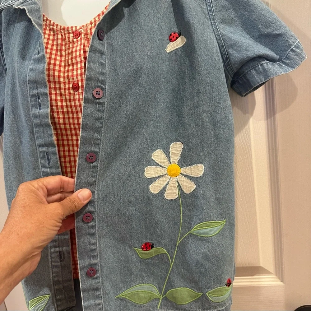 Ms. Lee Vintage Floral Embroidered Denim Set with Red Gingham Top Medium - Picture 4 of 13